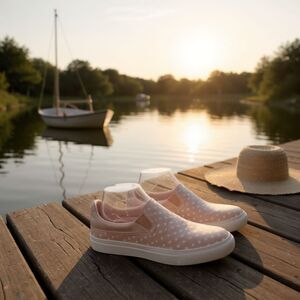 Mark Nason Aimee Women Sz 6.5 White Pink Leather SlipOn Sneakers Shoes Polka Dot